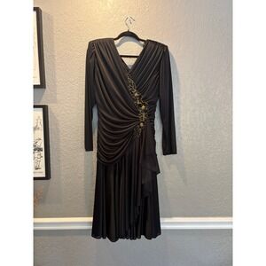 Abby Kent Black Ruched V Neck‎ Embellished Party Cocktail Dress Women's